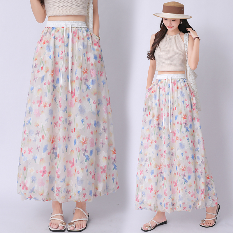 A-line floral summer puff skirt sweet bud long dress