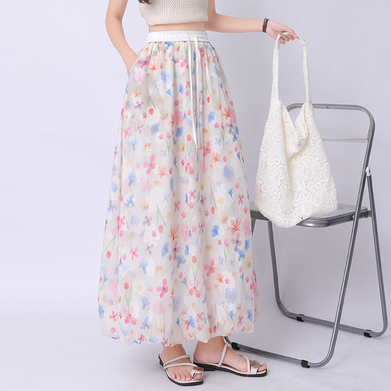A-line floral summer puff skirt sweet bud long dress