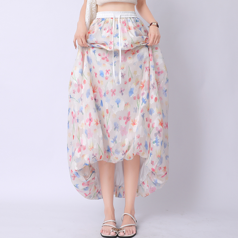 A-line floral summer puff skirt sweet bud long dress