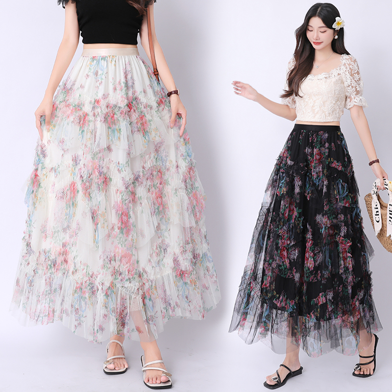 High waist gauze long skirt summer skirt for women