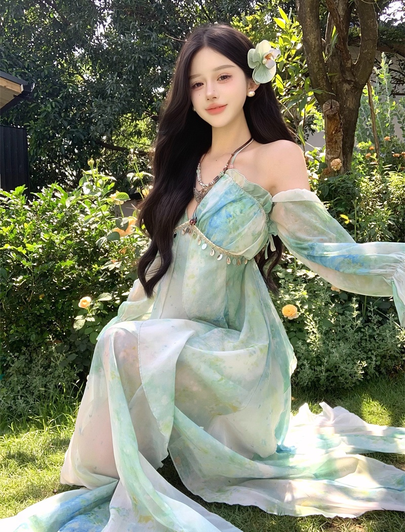 Vacation blooming dress sling strapless long dress
