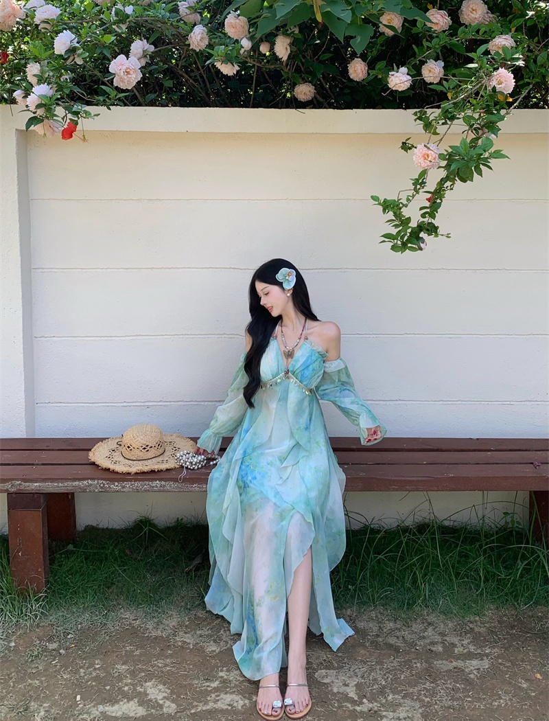 Vacation blooming dress sling strapless long dress