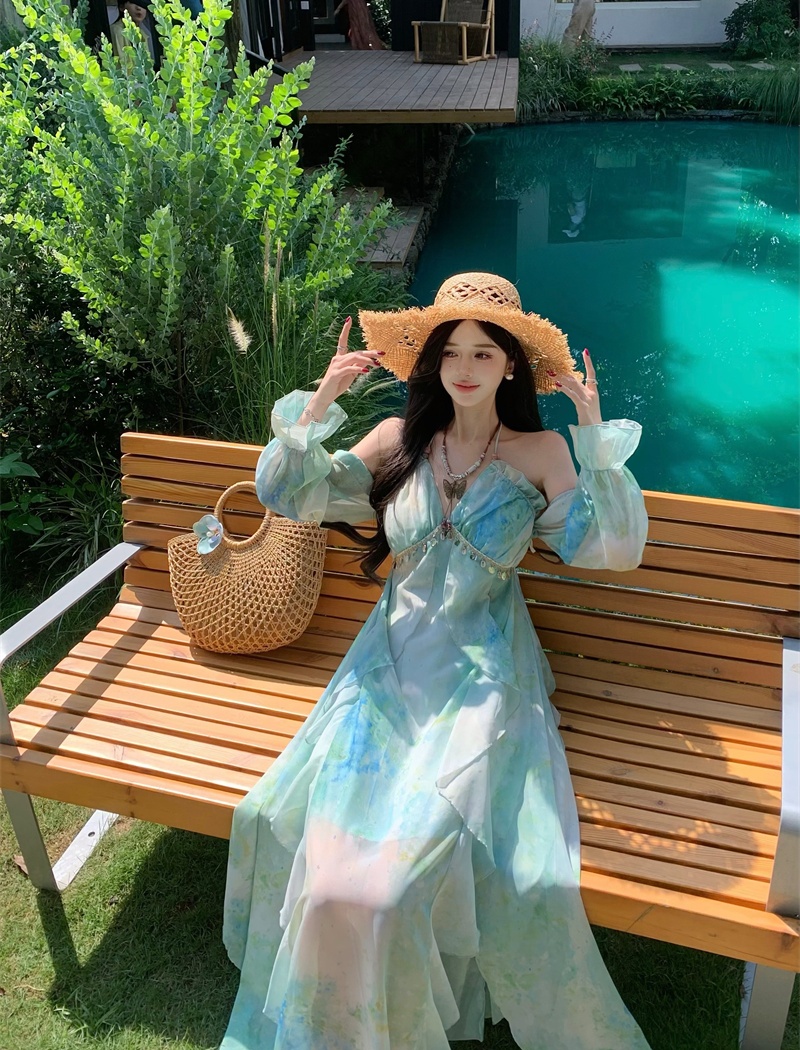 Vacation blooming dress sling strapless long dress