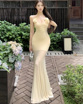 Slim halter commuting applique long frenum dress