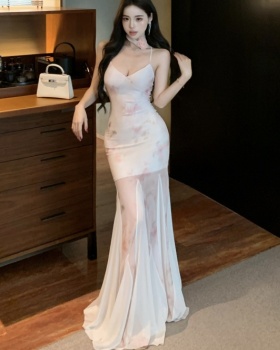 Slim halter frenum commuting lace long dress