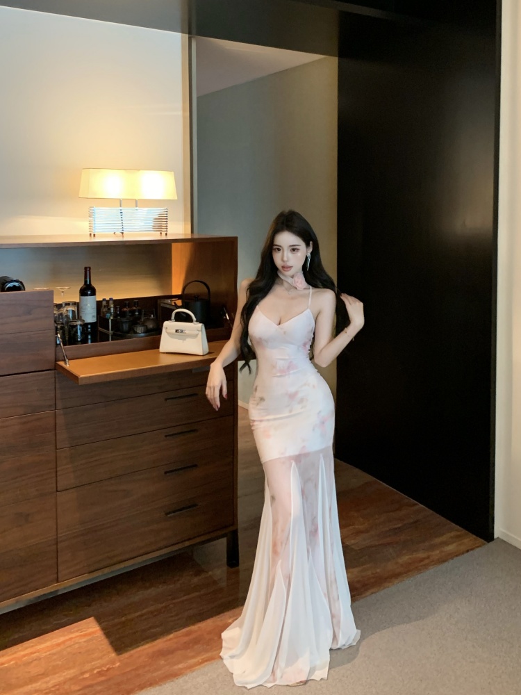 Slim halter frenum commuting lace long dress
