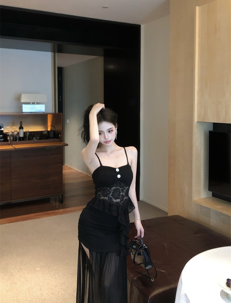Sling lace split long skirt 2pcs set for women