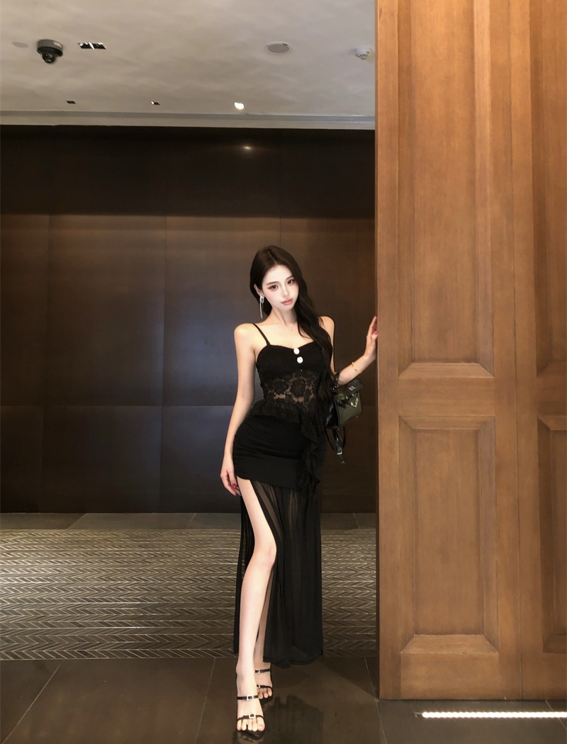 Sling lace split long skirt 2pcs set for women