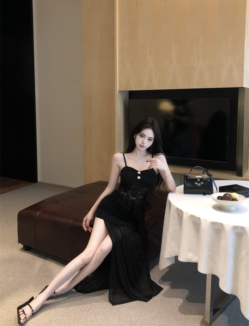 Sling lace split long skirt 2pcs set for women