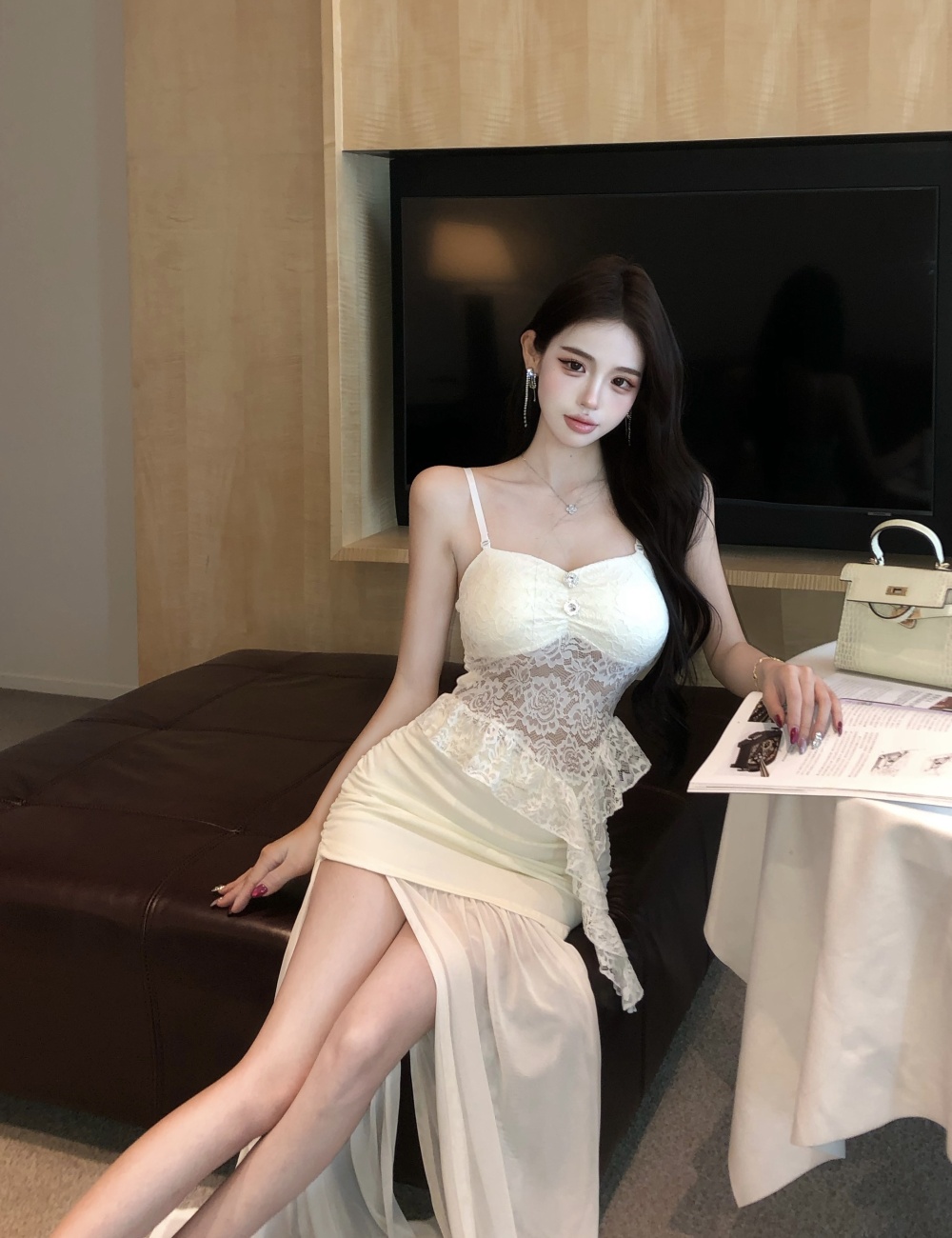 Sling lace split long skirt 2pcs set for women