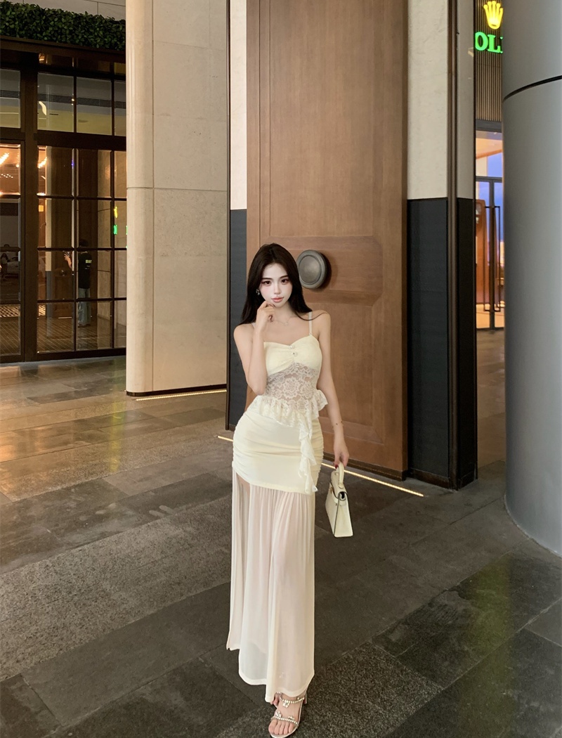 Sling lace split long skirt 2pcs set for women