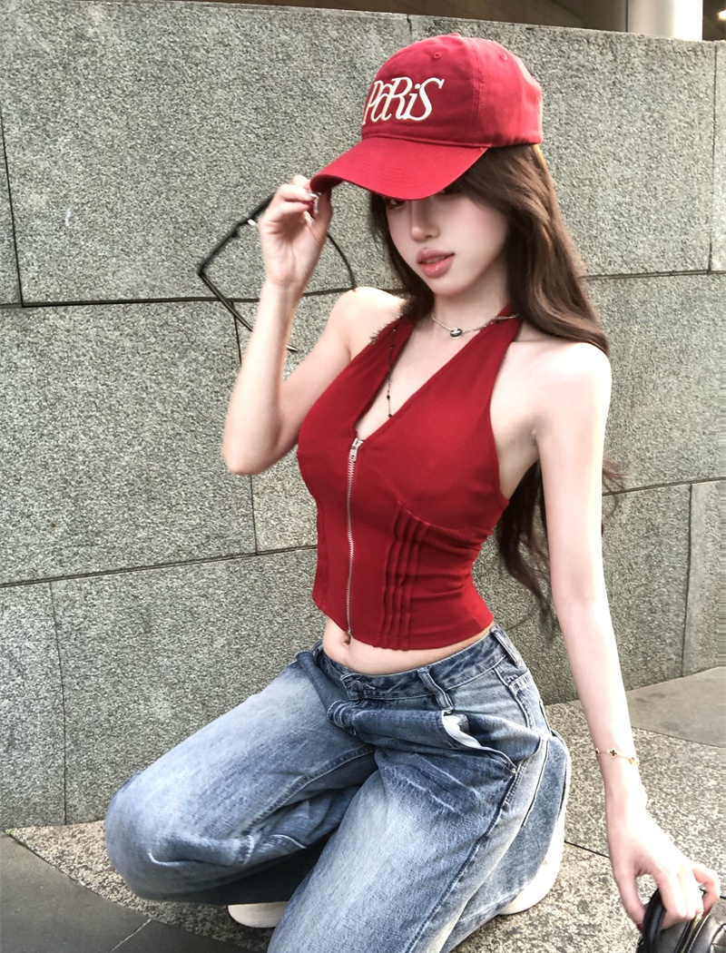 With chest pad halter vest pinched waist tops for women
