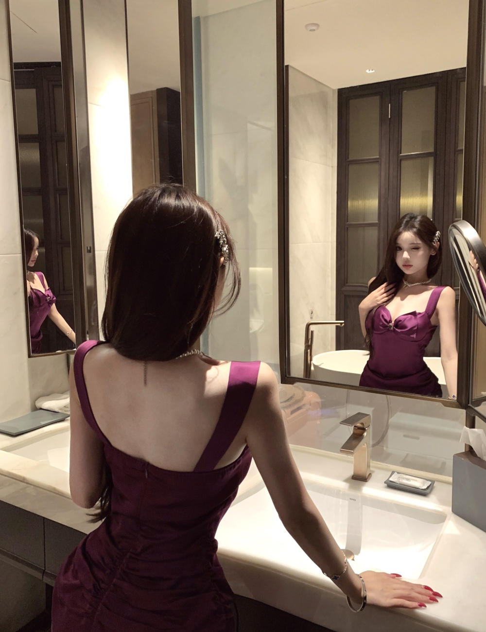 Satin enticement dress purple package hip strap dress