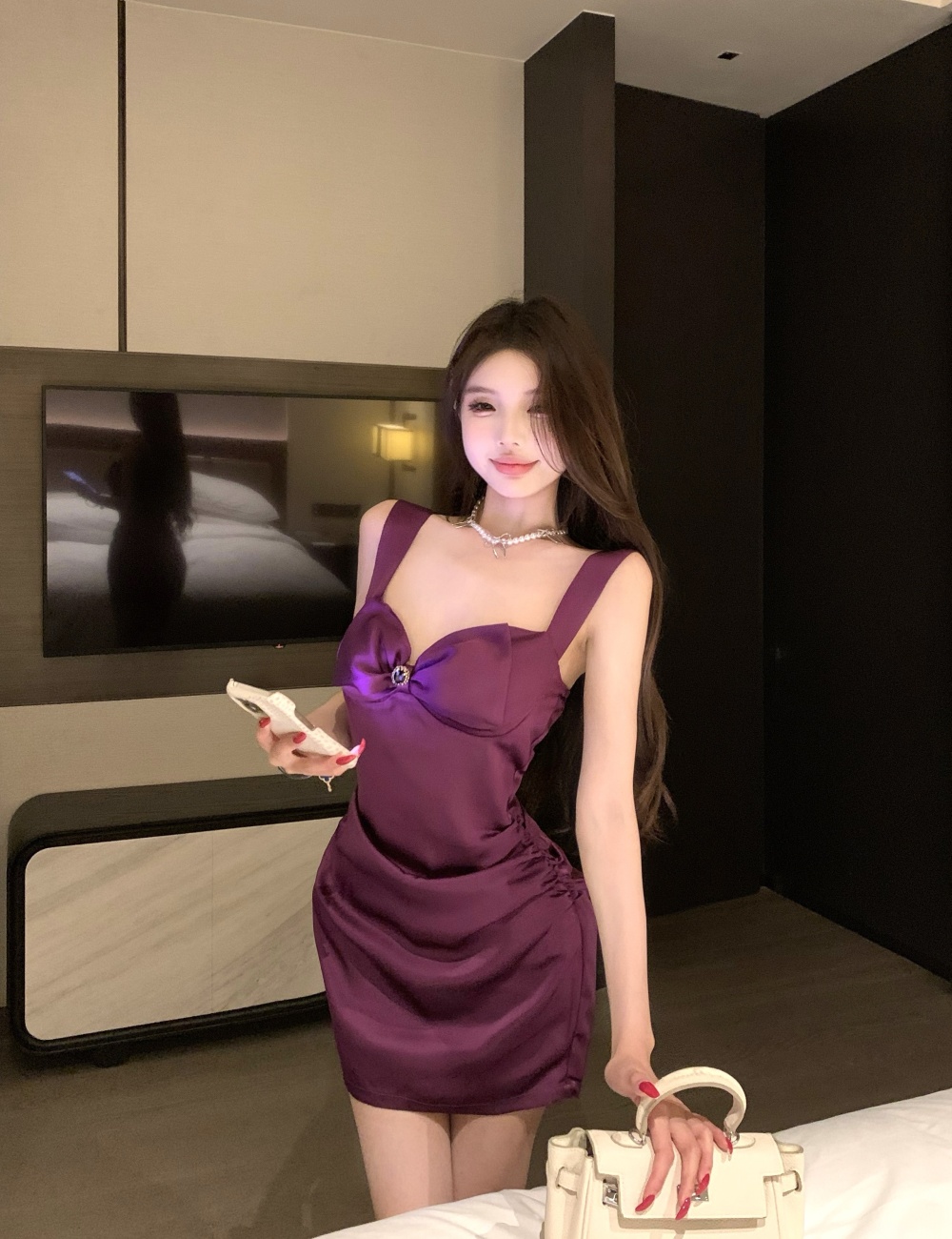 Satin enticement dress purple package hip strap dress