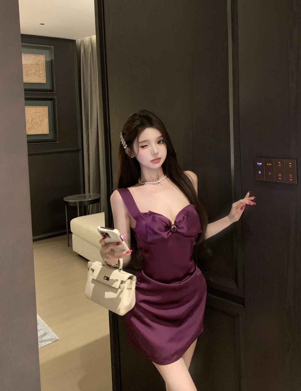 Satin enticement dress purple package hip strap dress