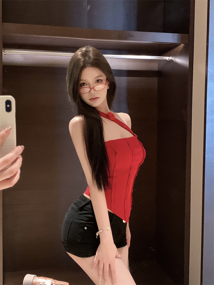 All-match rose small sling sloping shoulder tops
