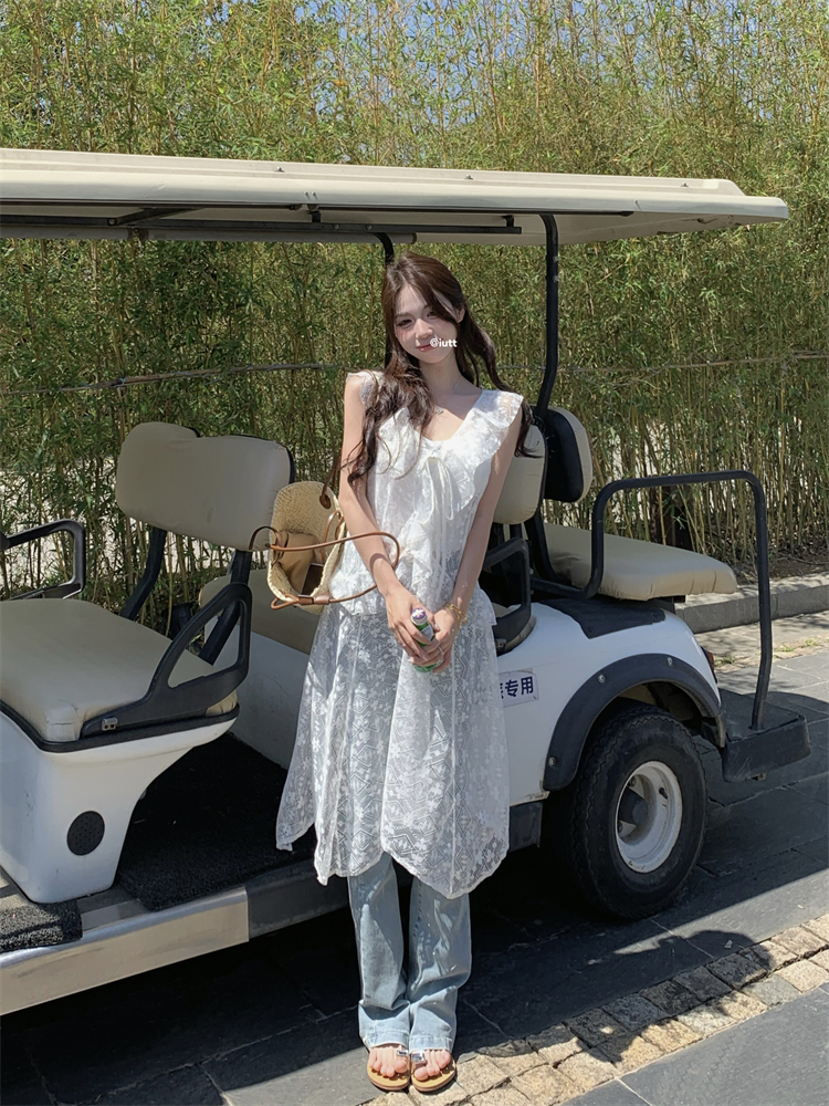 Summer Korean style dress white lace vest