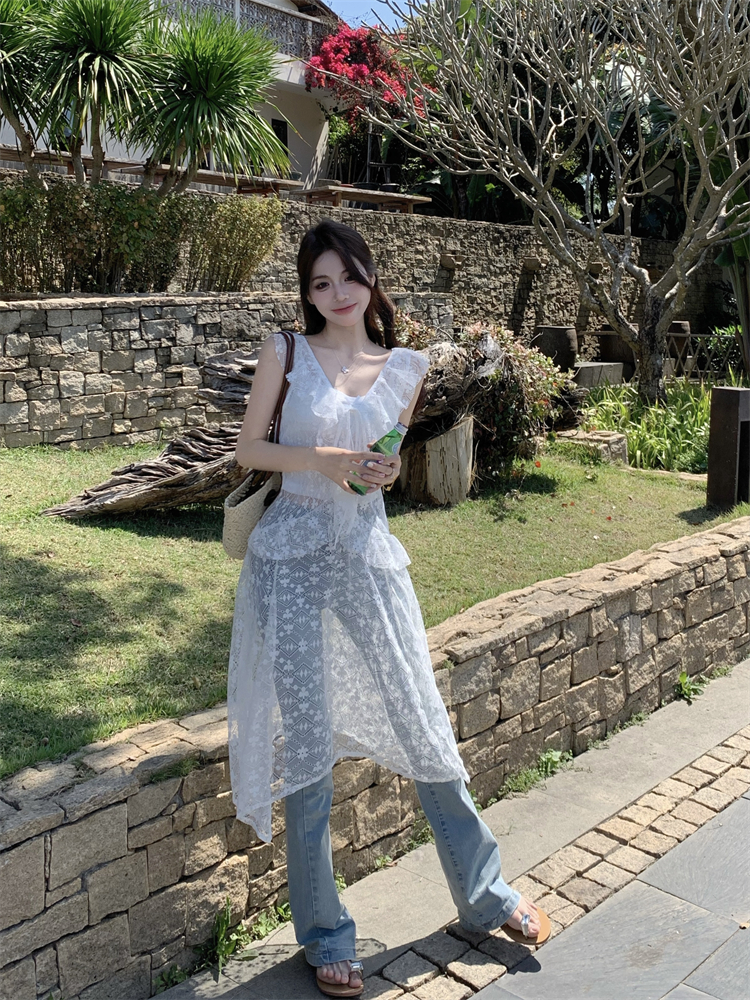 Summer Korean style dress white lace vest