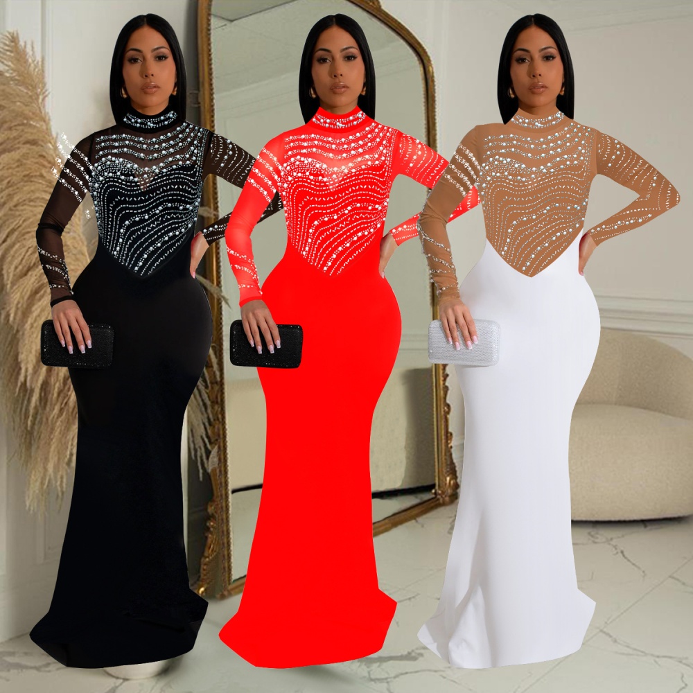 Pure fashion long rhinestone dress for women
