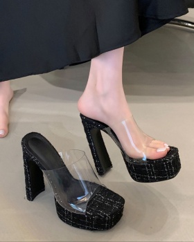 Pink thick platform romantic square head slippers for women