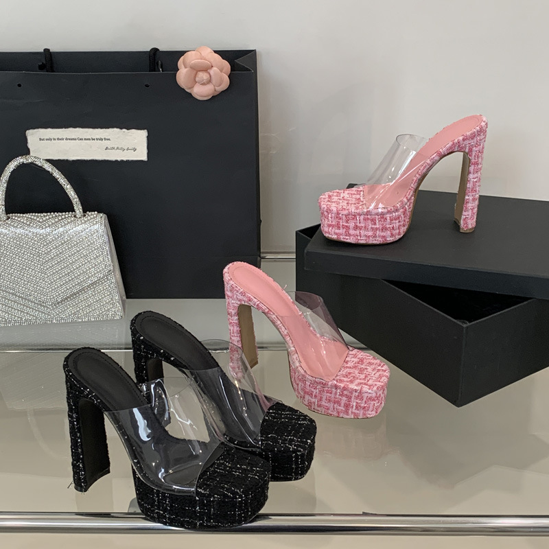 Pink thick platform romantic square head slippers for women
