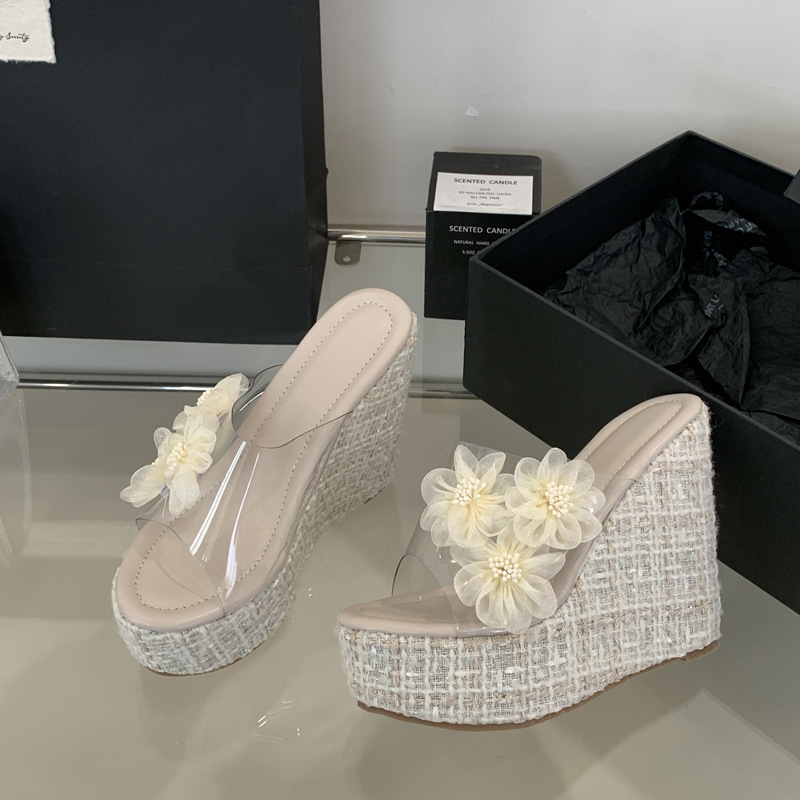 Flowers decoration slippers high-heeled shoes for women