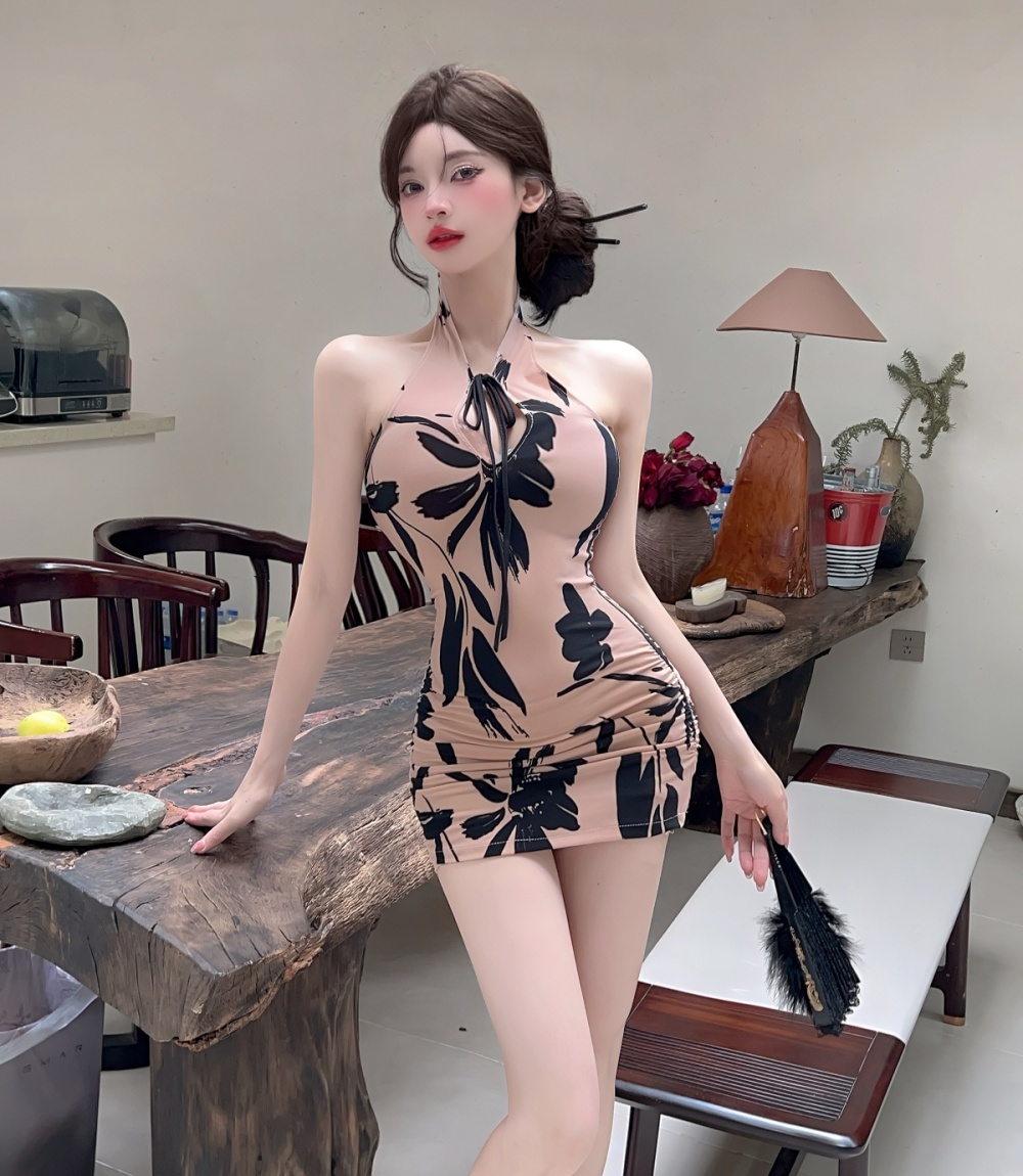 Retro elegant slim cheongsam halter short dress