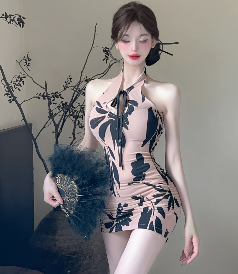 Retro elegant slim cheongsam halter short dress