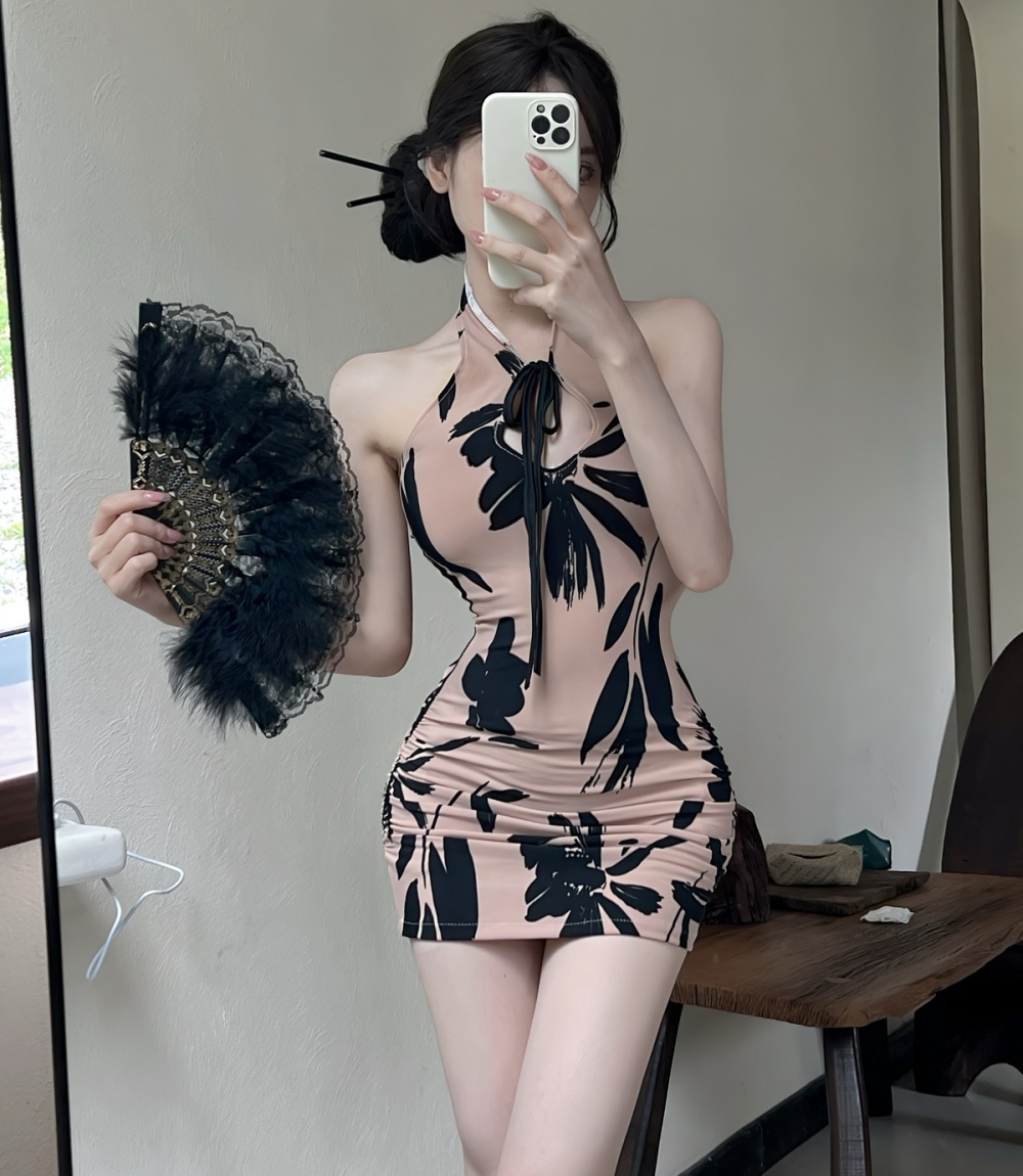 Retro elegant slim cheongsam halter short dress