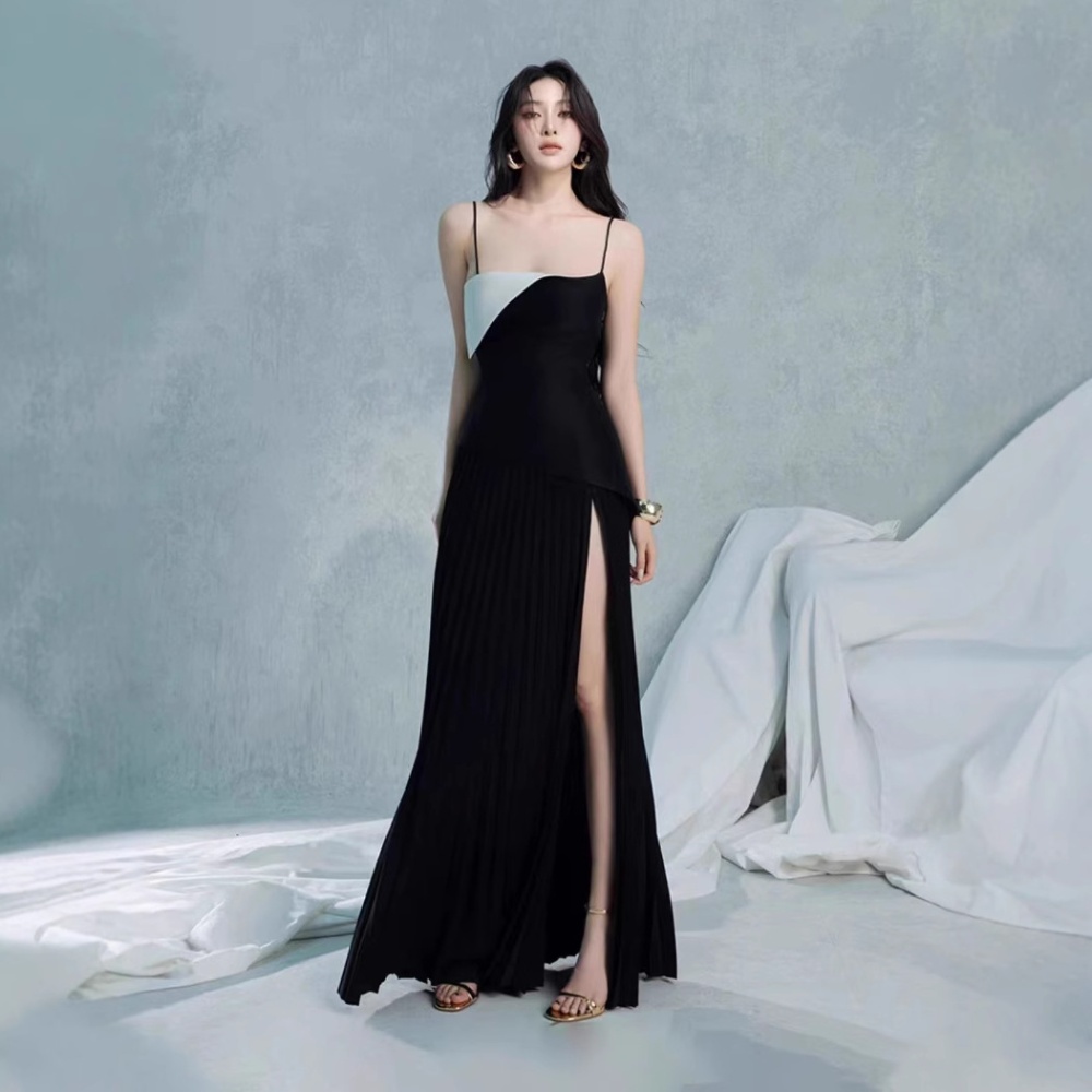 Mixed colors sling temperament dress slim split long dress