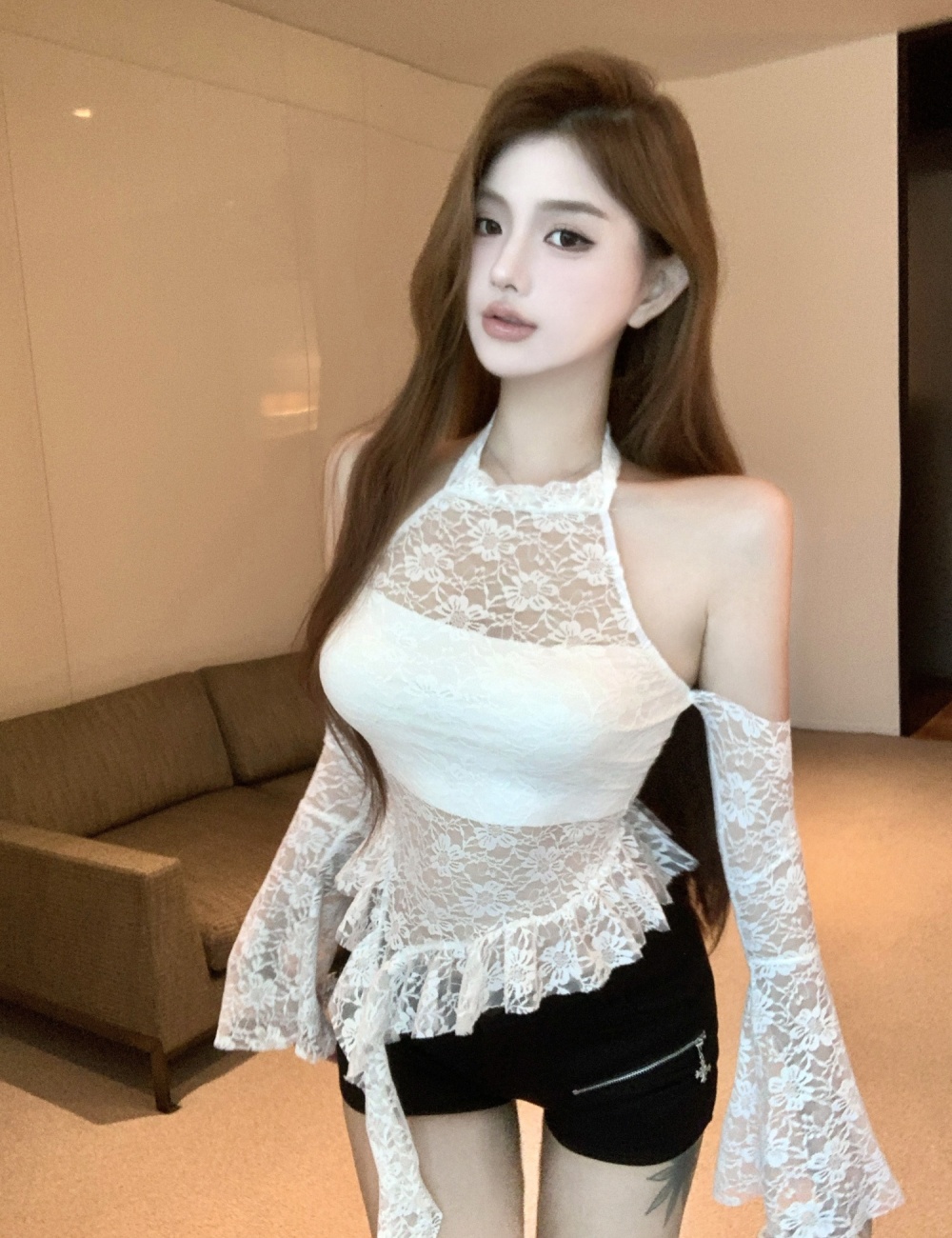 Enticement trumpet sleeves irregular tops for women