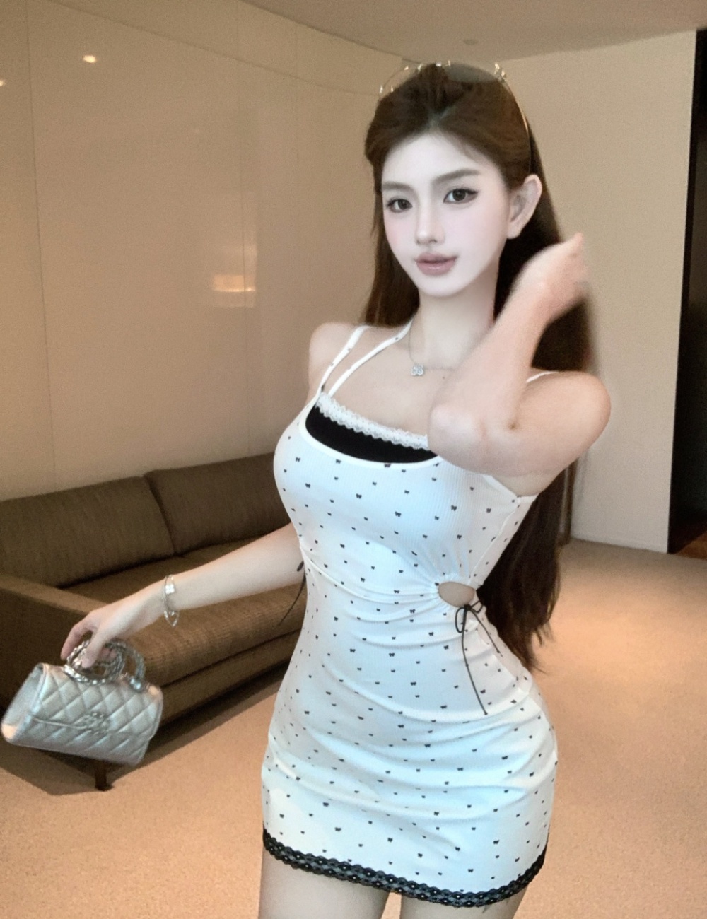 Pseudo-two fashion halter sling hollow dress for women