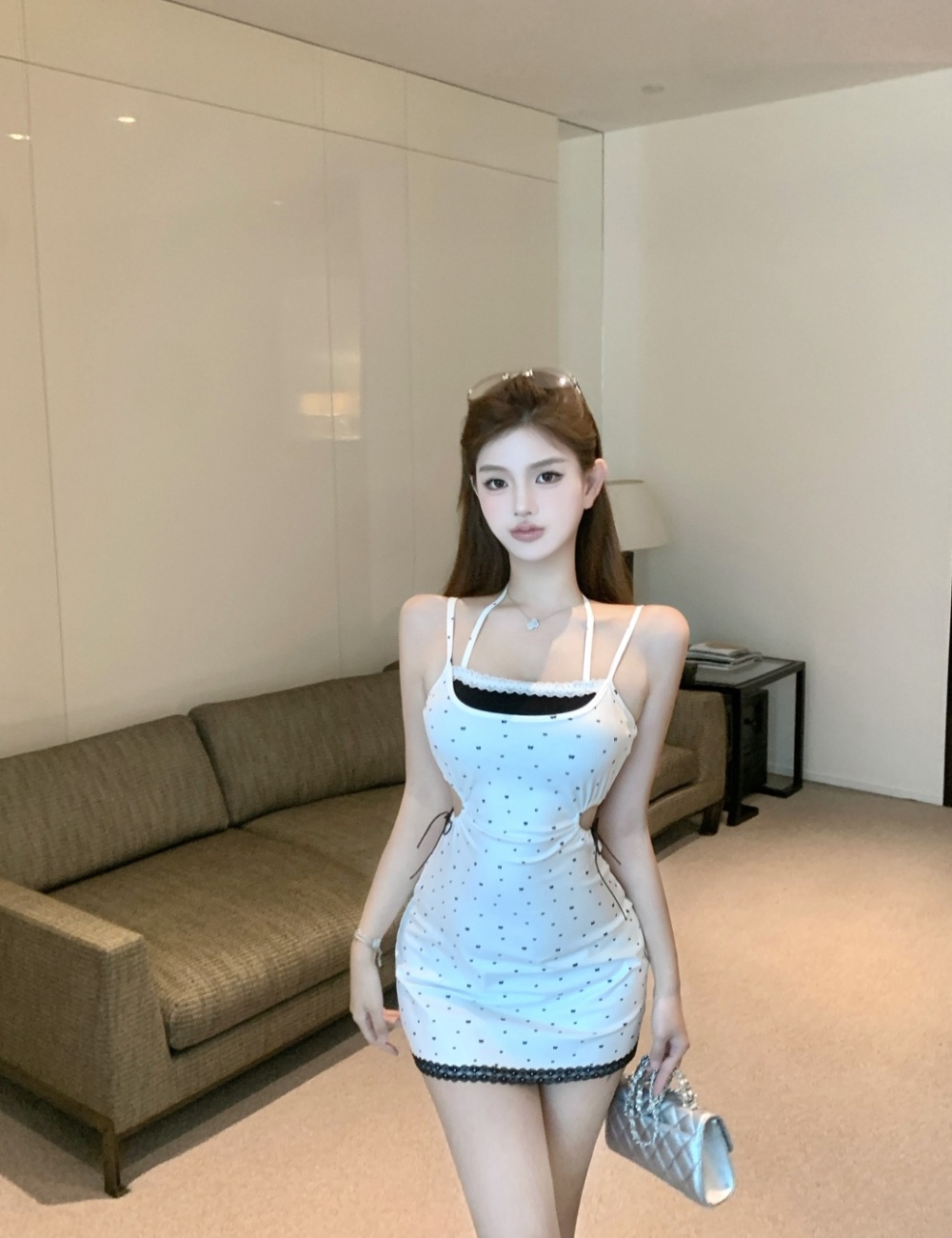 Pseudo-two fashion halter sling hollow dress for women