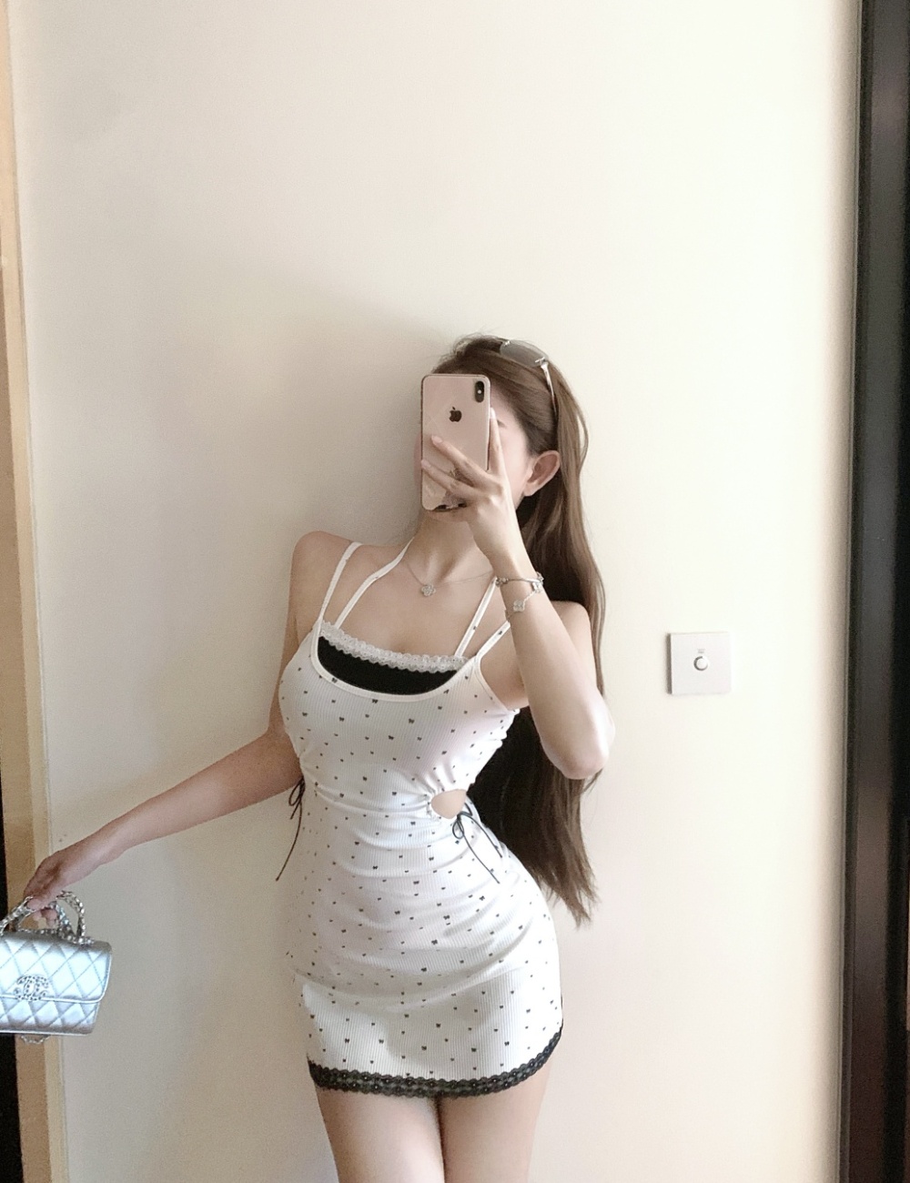 Pseudo-two fashion halter sling hollow dress for women