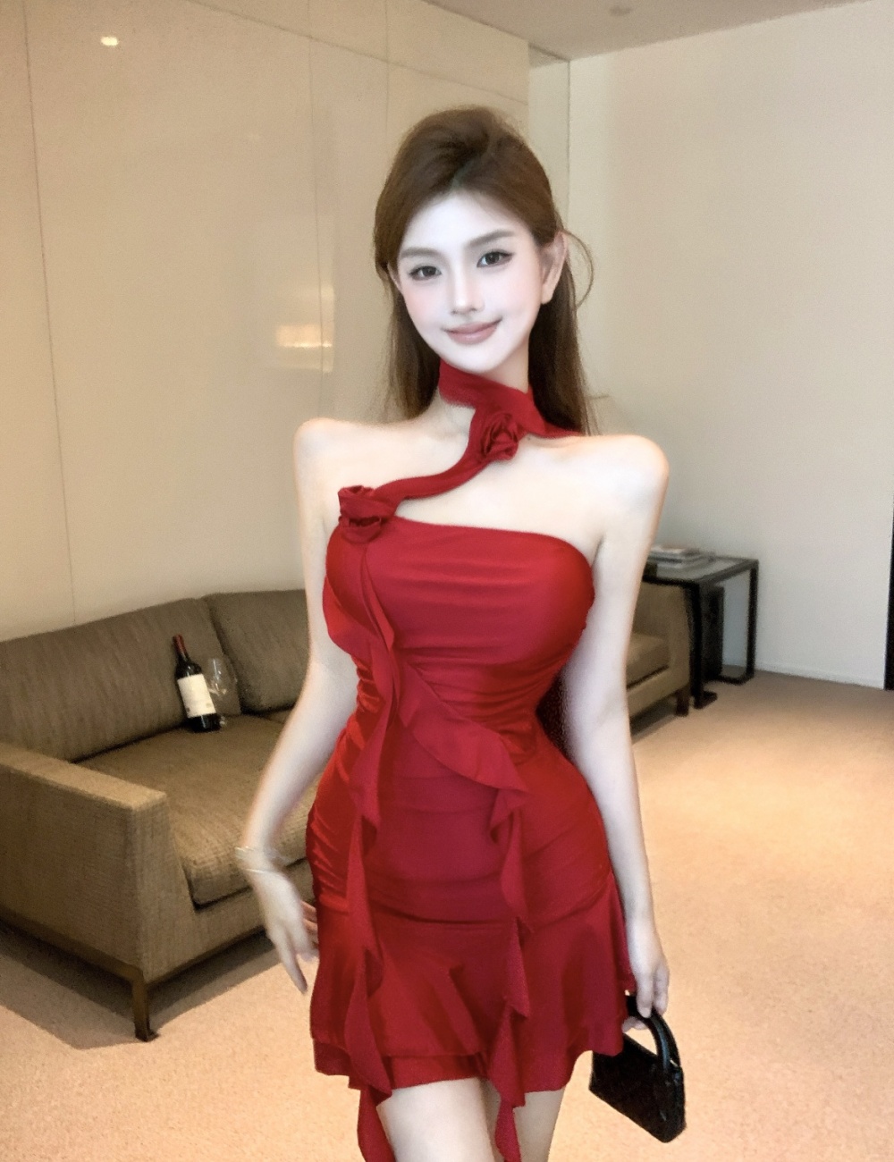 Sexy slim lotus leaf edges long flowers dress for women