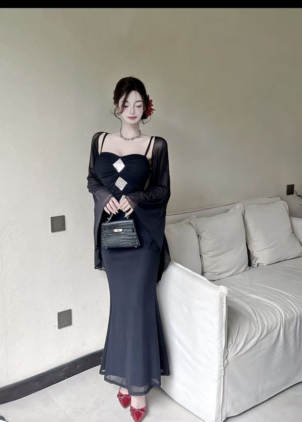 Long sleeve sling dress long cardigan 2pcs set for women