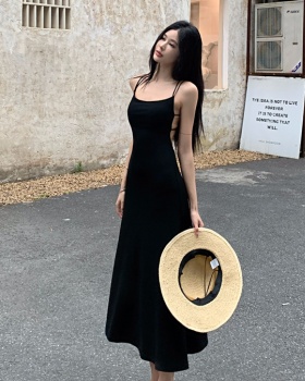 Long knitted summer black backless dress