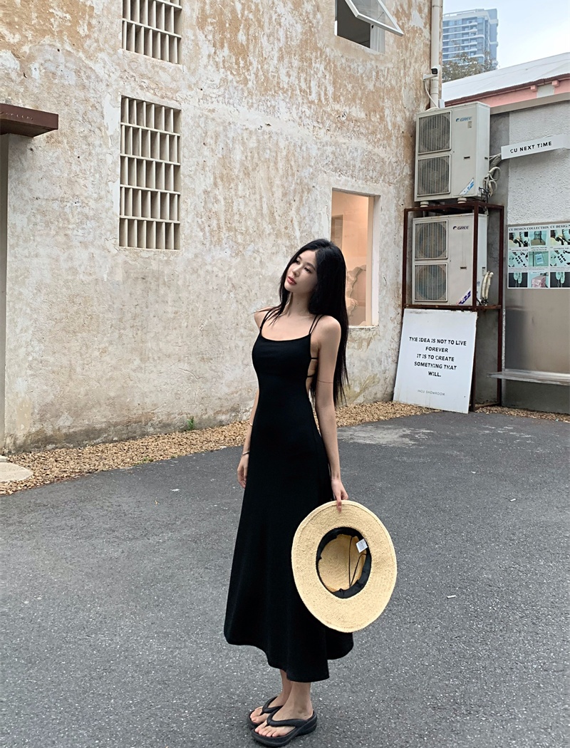 Long knitted summer black backless dress