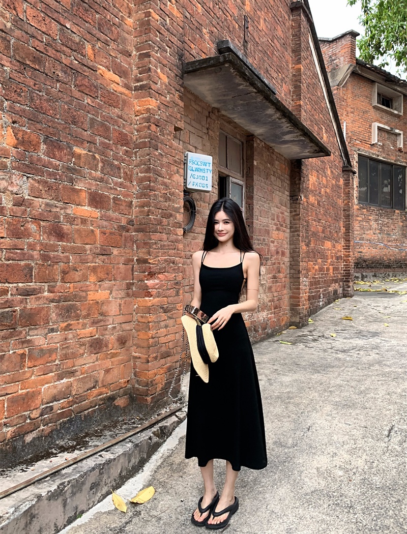 Long knitted summer black backless dress