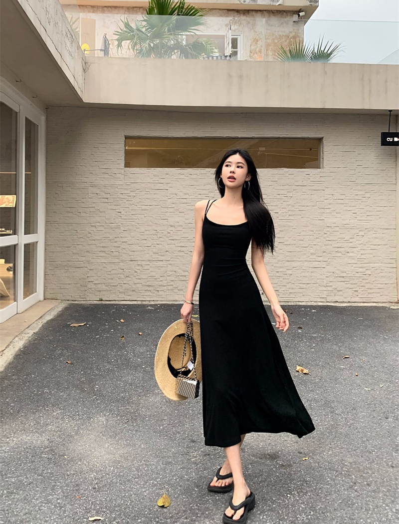 Long knitted summer black backless dress