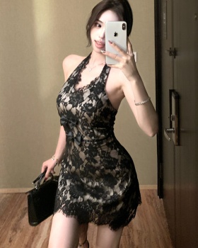 France style retro sexy halter T-back lace sling niche dress