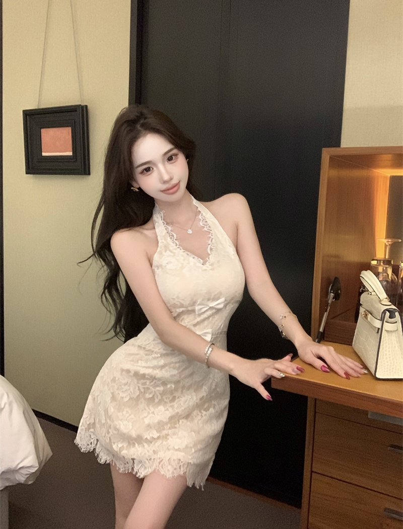 France style retro sexy halter T-back lace sling niche dress