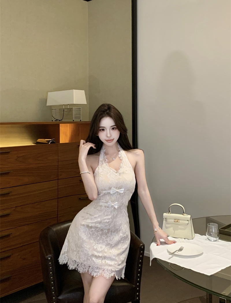 France style retro sexy halter T-back lace sling niche dress