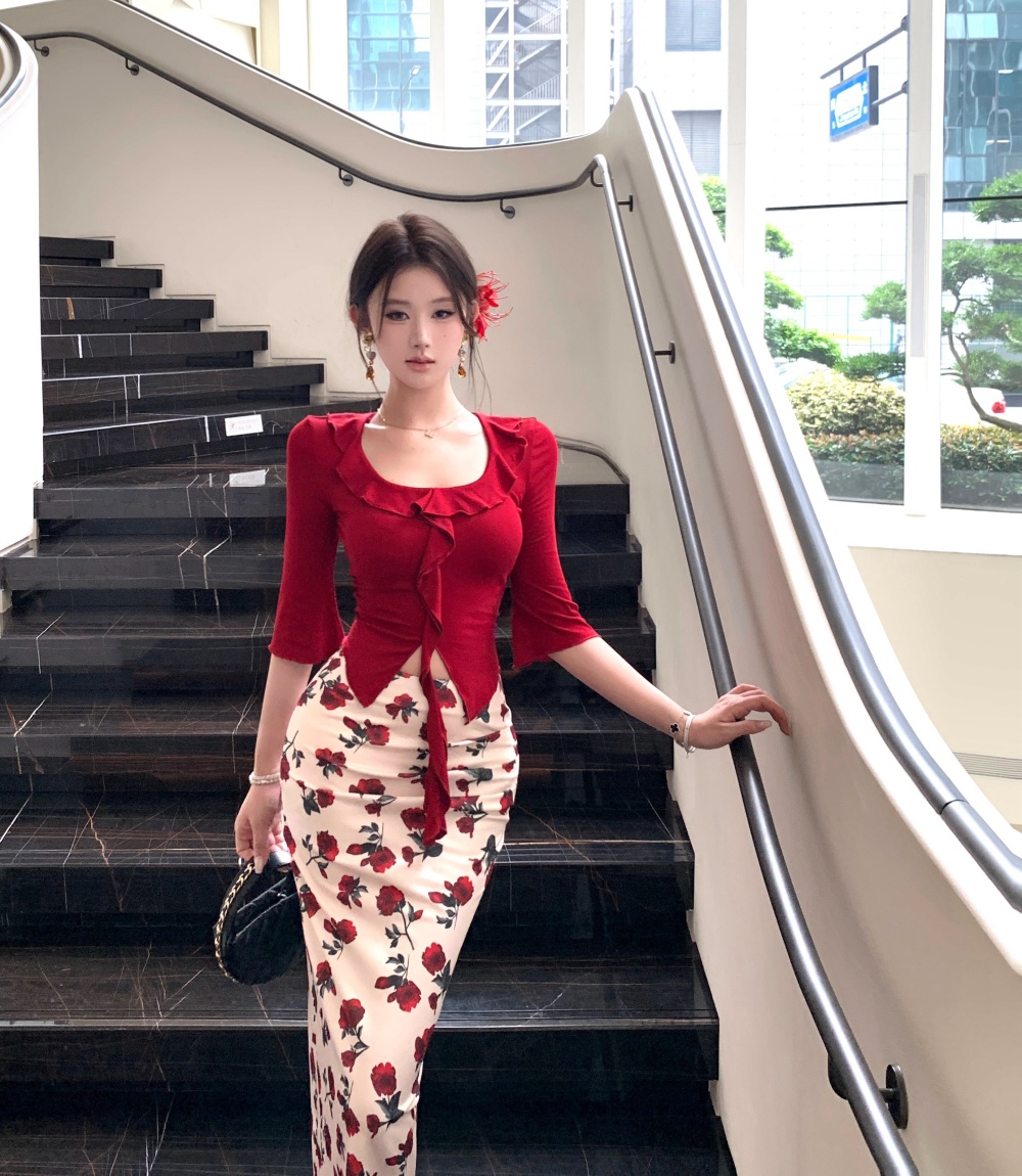 Printing summer skirt wood ear tops a set