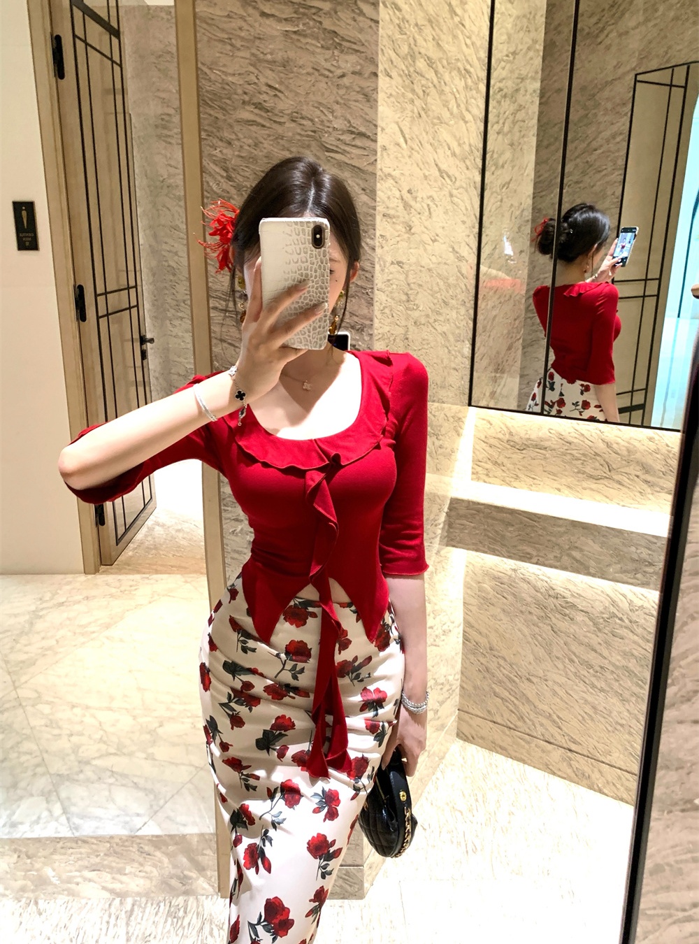Printing summer skirt wood ear tops a set