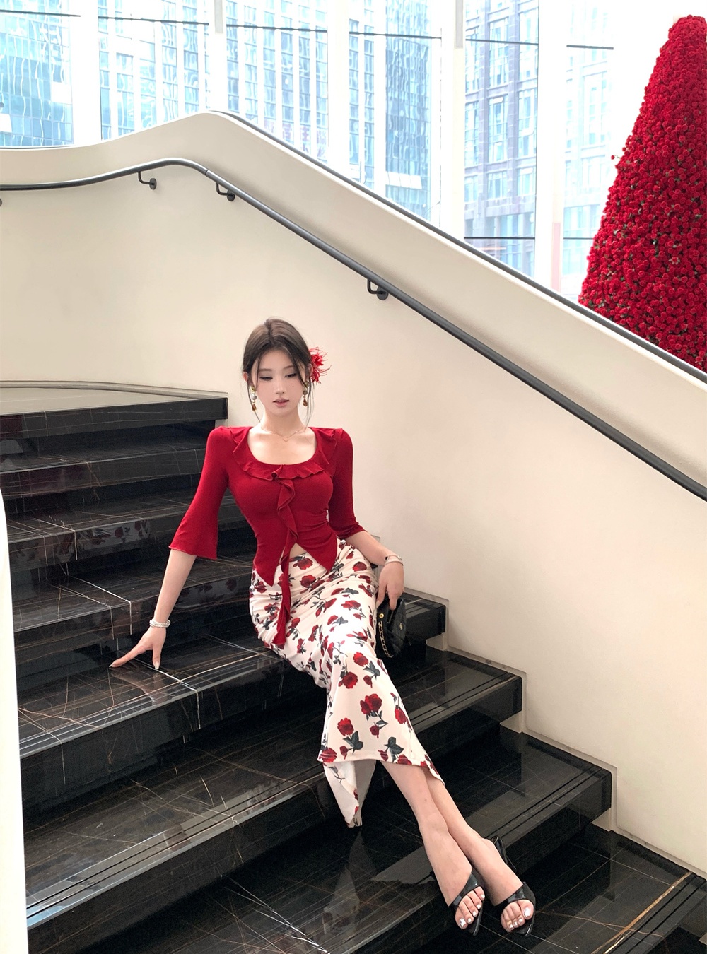 Printing summer skirt wood ear tops a set