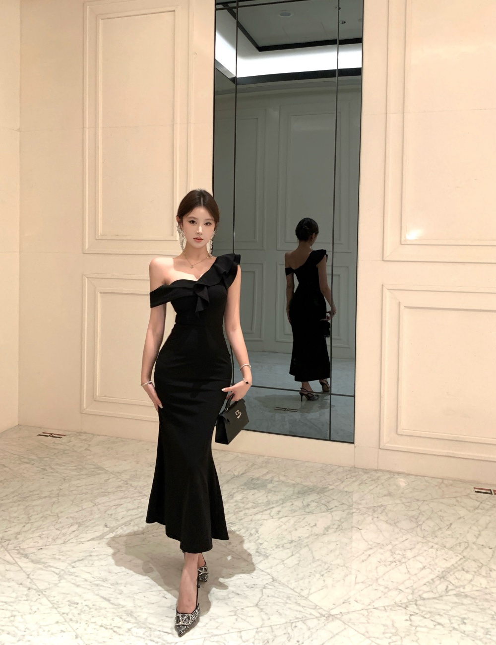 Ladies wood ear sexy temperament package hip dress