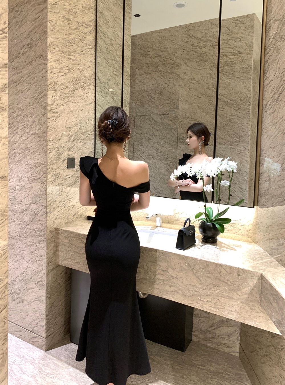 Ladies wood ear sexy temperament package hip dress
