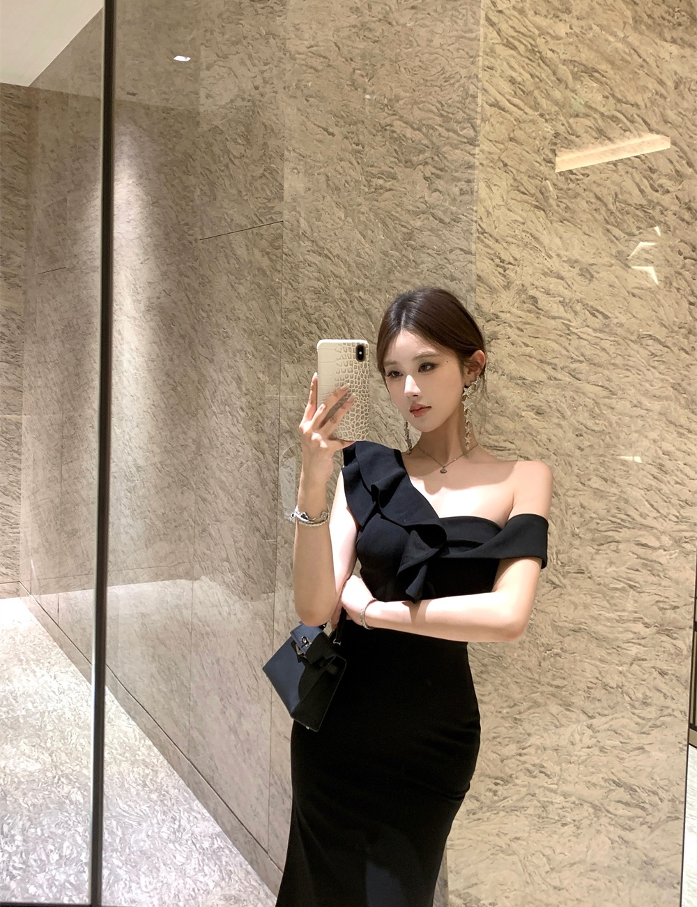 Ladies wood ear sexy temperament package hip dress