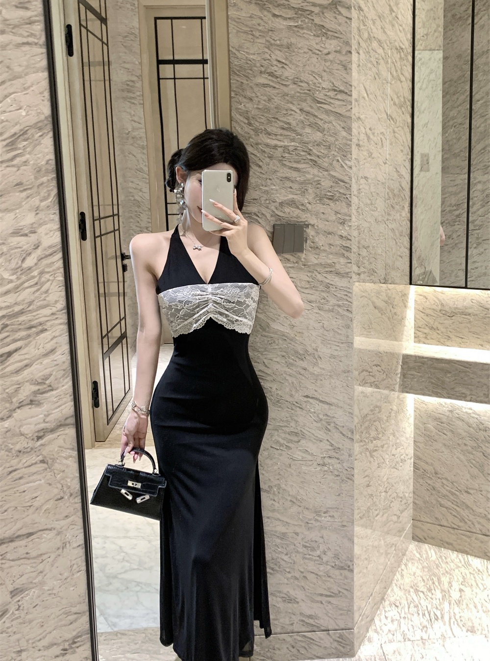 Summer splice sling halter lace slim dress